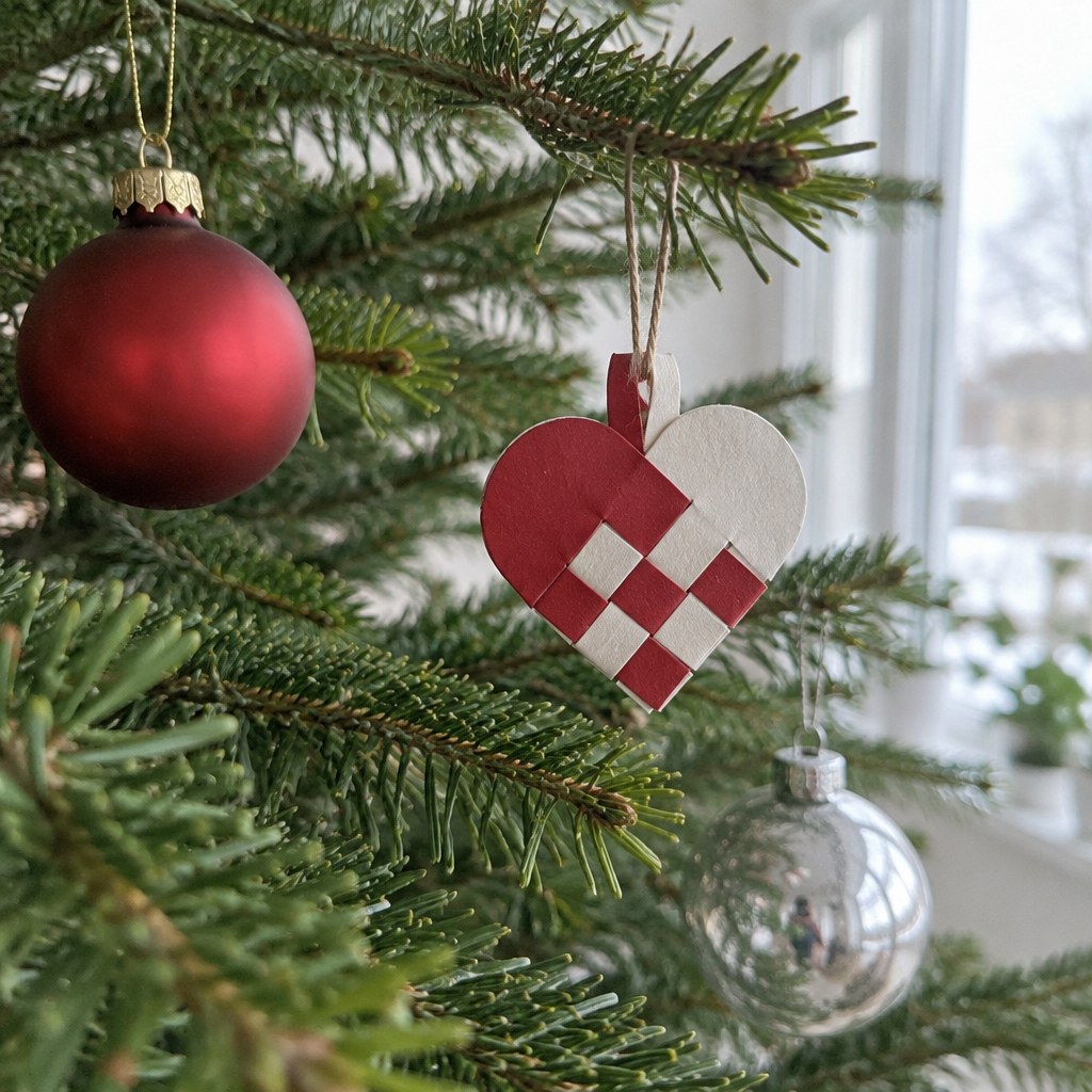 Juletræsgren med rød julekugle og flettet julehjerte