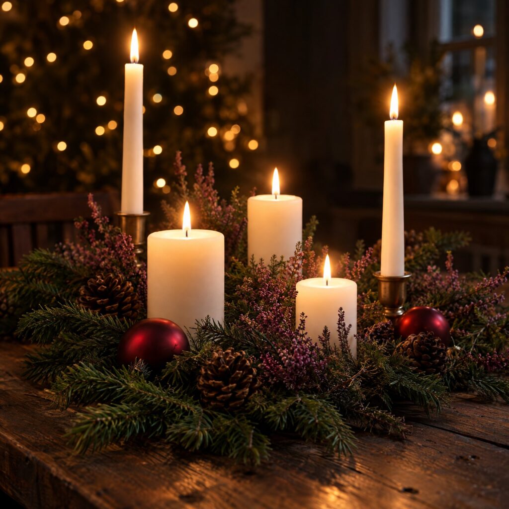 Juletema med stearinlys, gran og lyng
